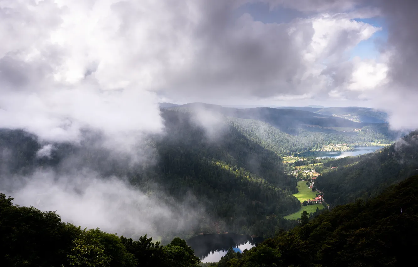 Photo wallpaper mountains, home, valley, landscapes, settlement