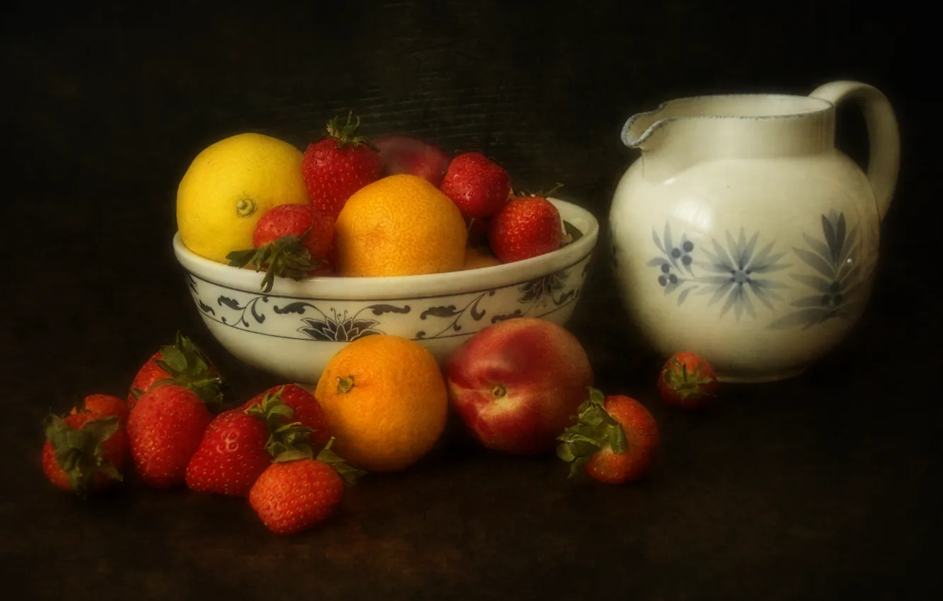 Photo wallpaper background, lemon, strawberry, berry, vase, pitcher, fruit, peach