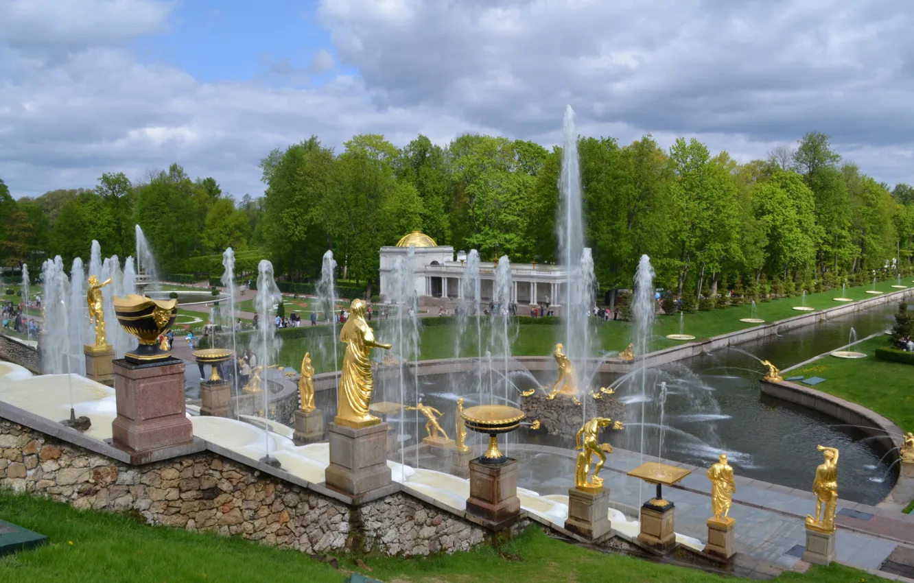 Photo wallpaper summer, trees, Park, gold, fountain, statues, green grass, fountains of Peterhof