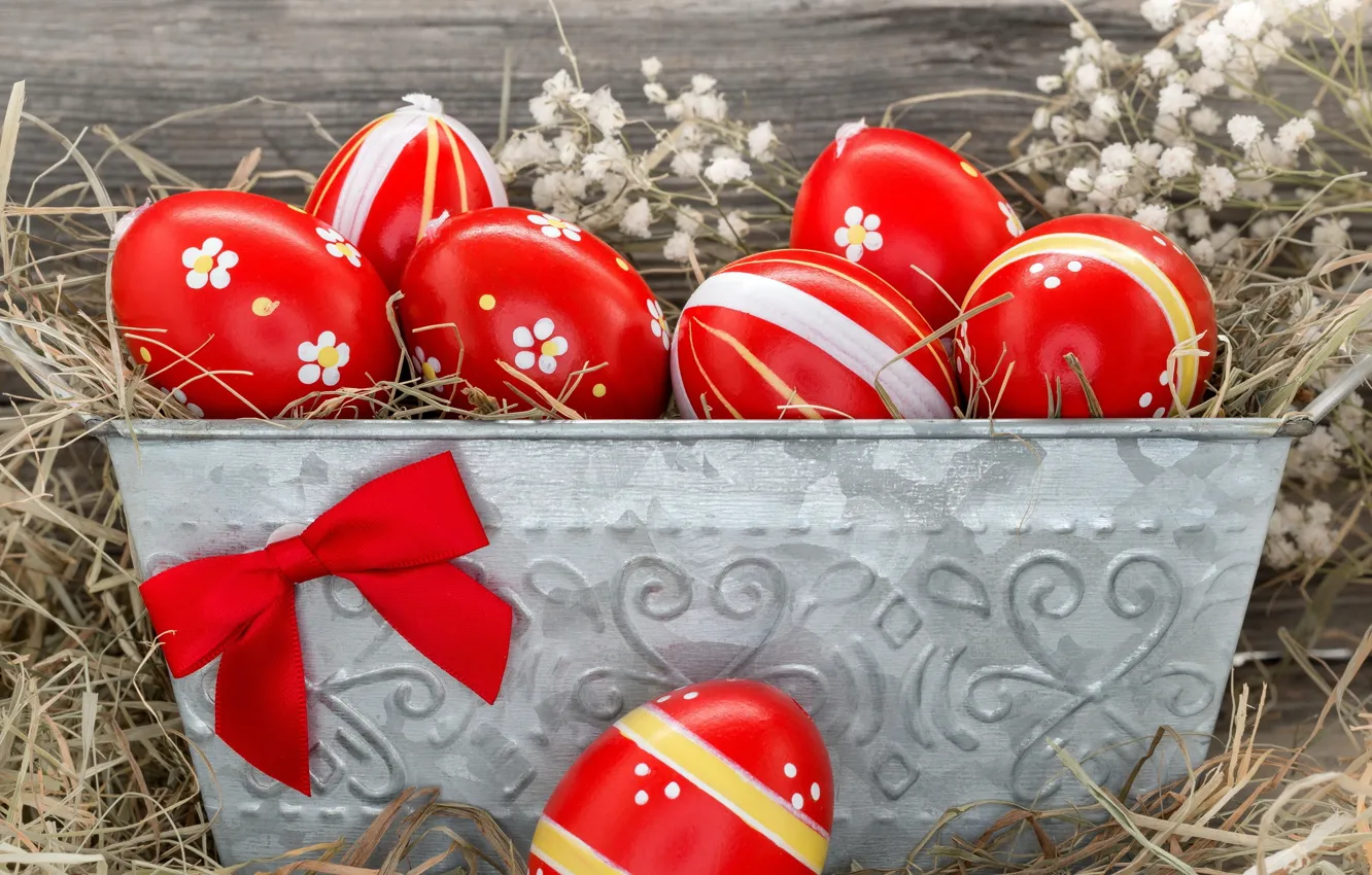 Photo wallpaper eggs, Easter, hay, bow, eggs