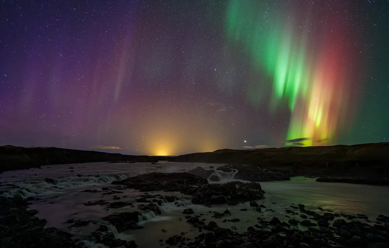 Photo wallpaper landscape, river, stream, Northern lights