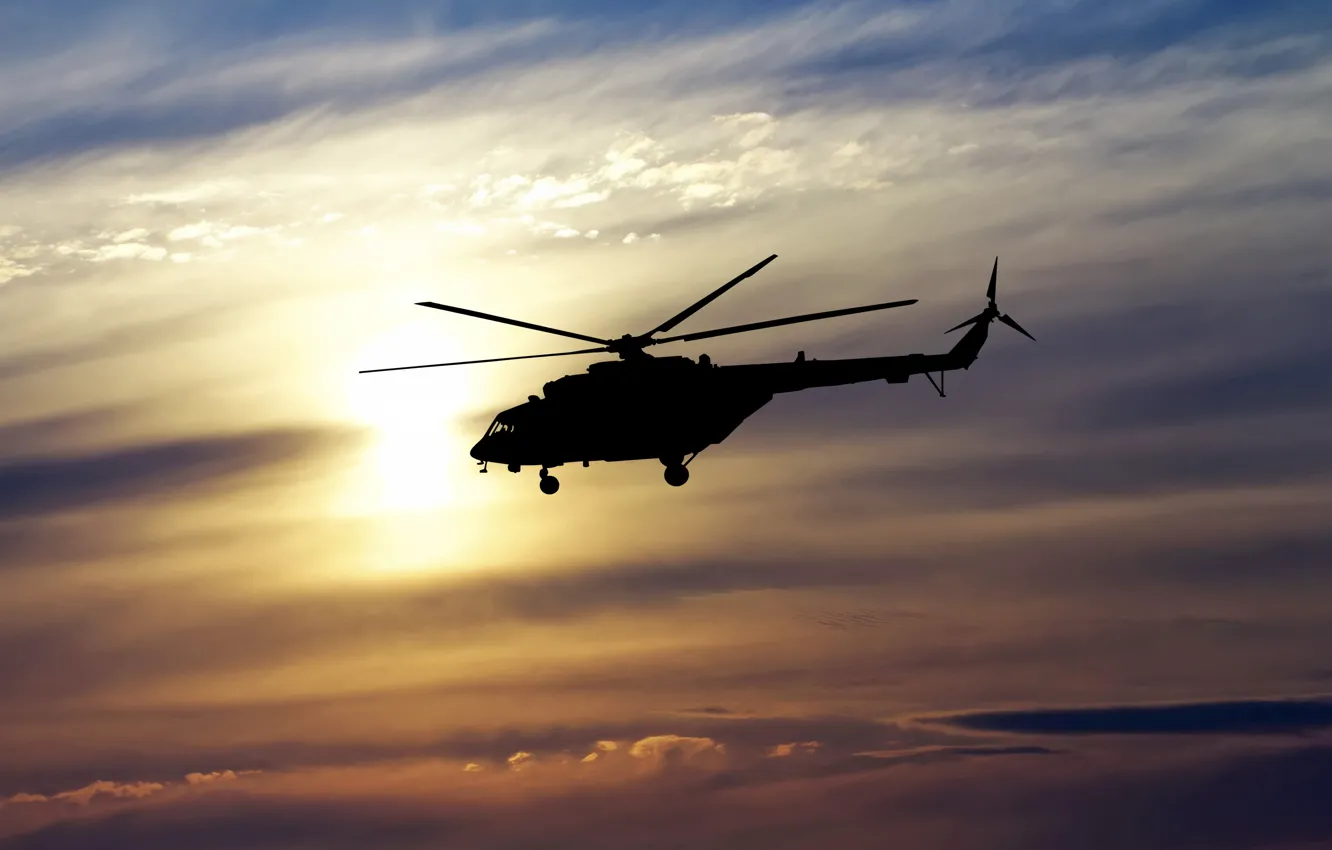 Photo wallpaper the sky, flight, spinner, silhouette, helicopter, Russia, BBC, bokeh
