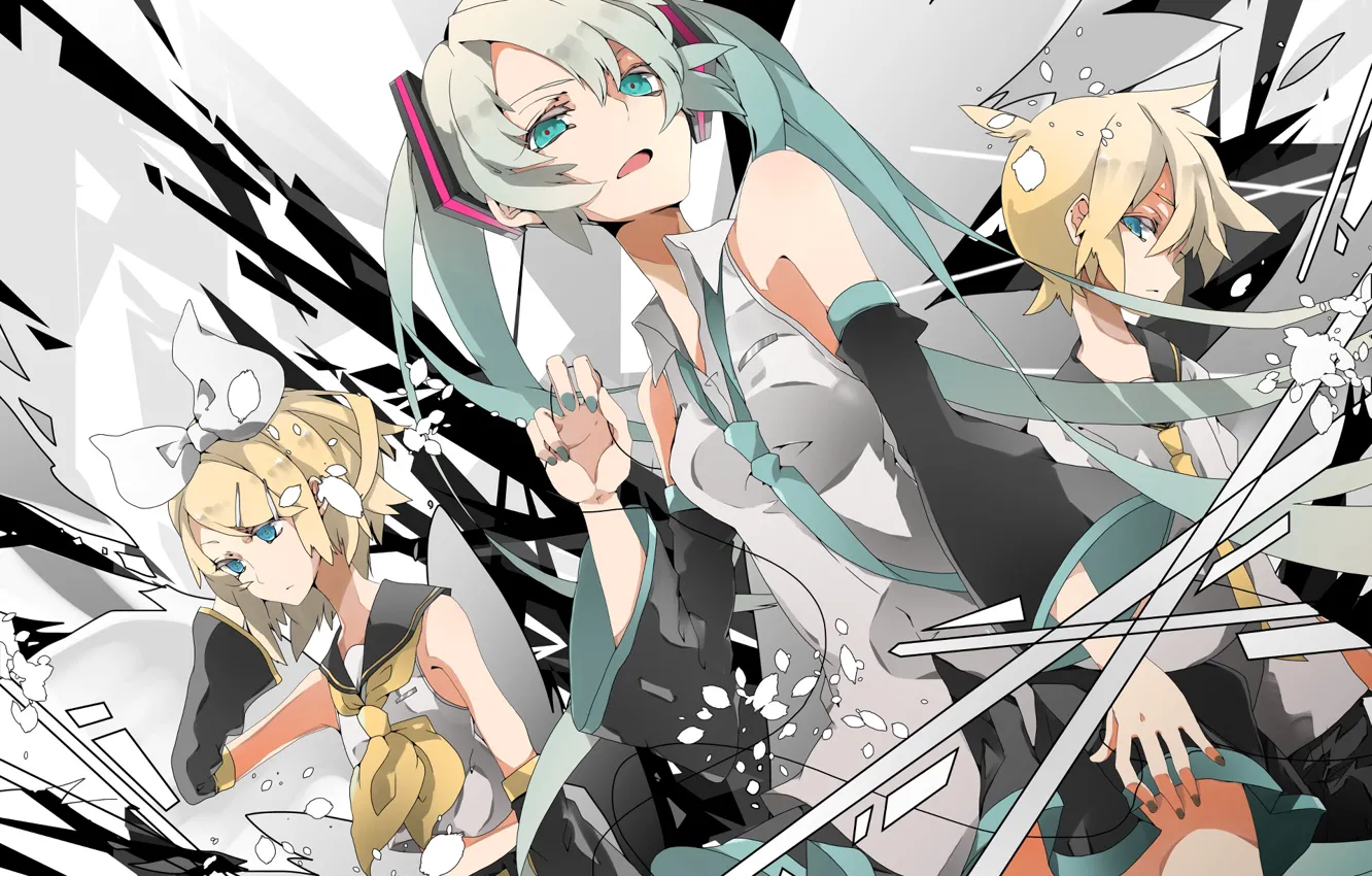 Photo wallpaper girls, petals, guy, Vocaloid, Vocaloid, Hatsune Miku, Kagamine Len, Kagamine Rin