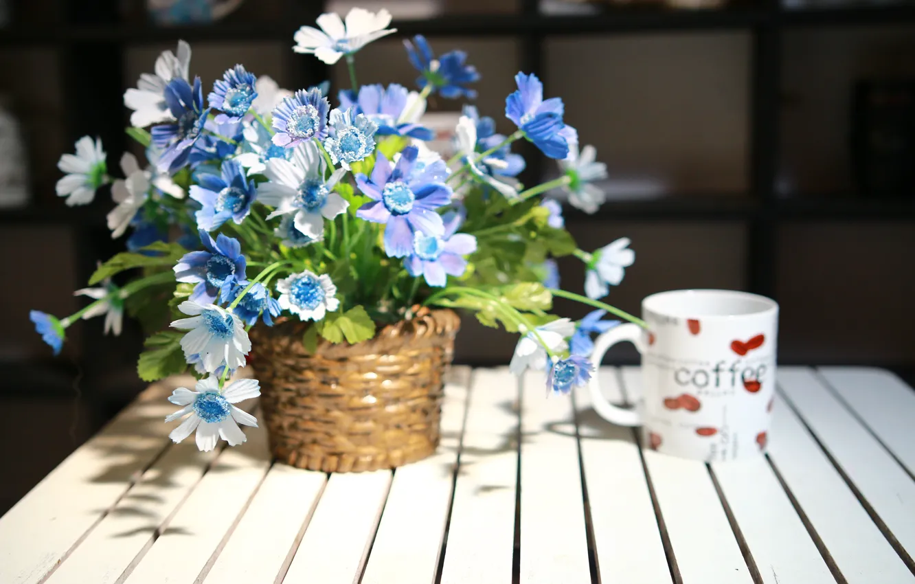 Photo wallpaper flowers, bouquet, vase, wood