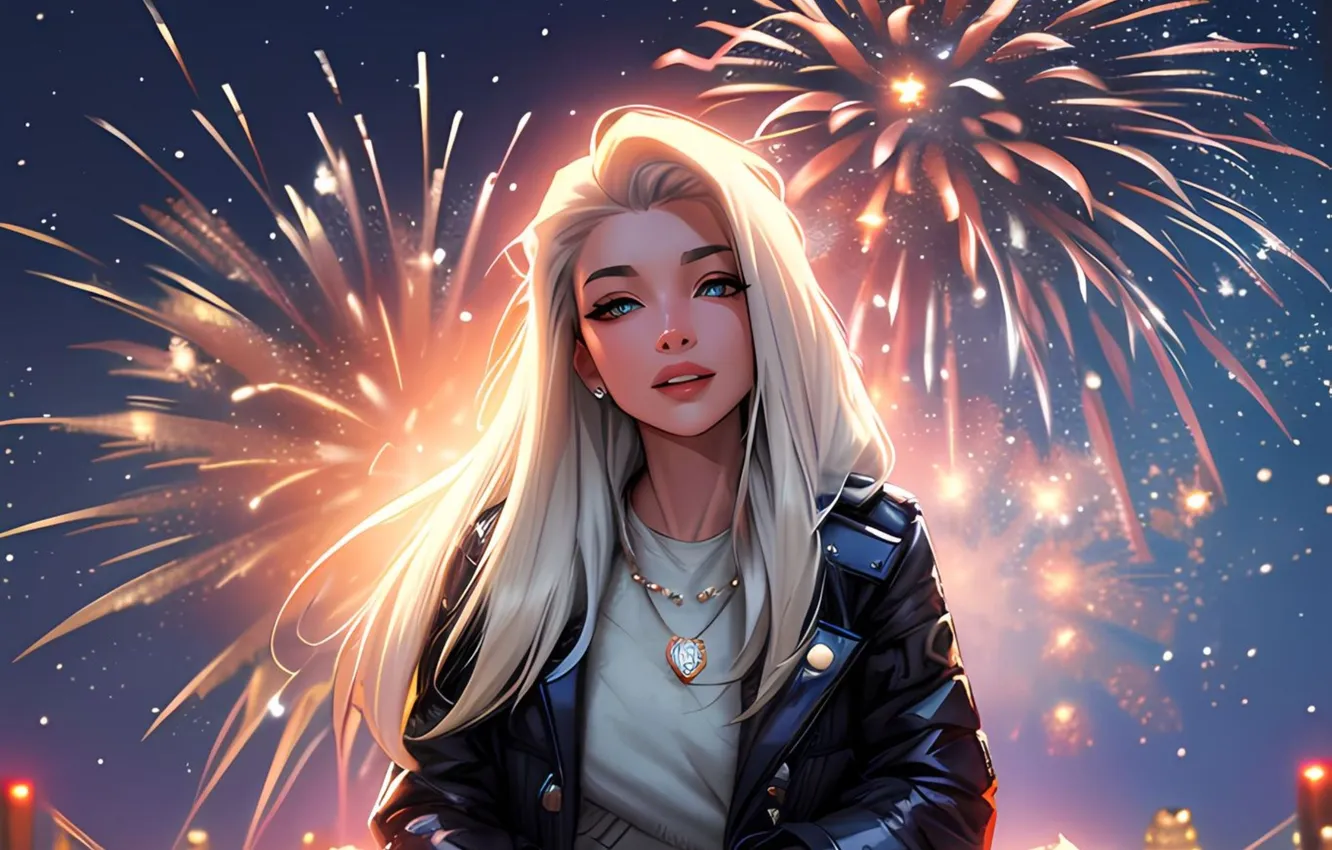 Photo wallpaper night, smile, portrait, anime, fireworks, smile, anime, night