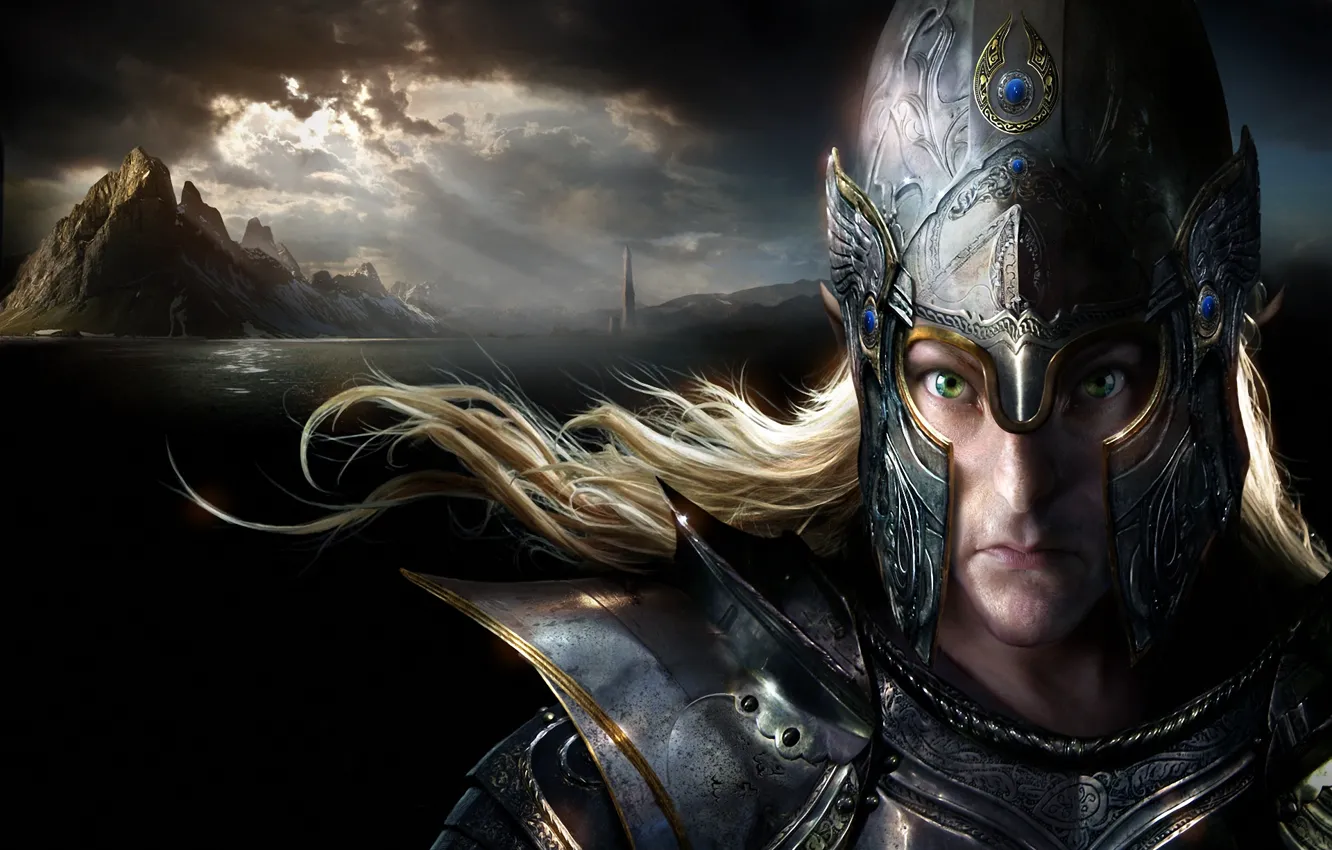Photo wallpaper mountains, the wind, elf, tower, armor, art, helmet, Warhammer