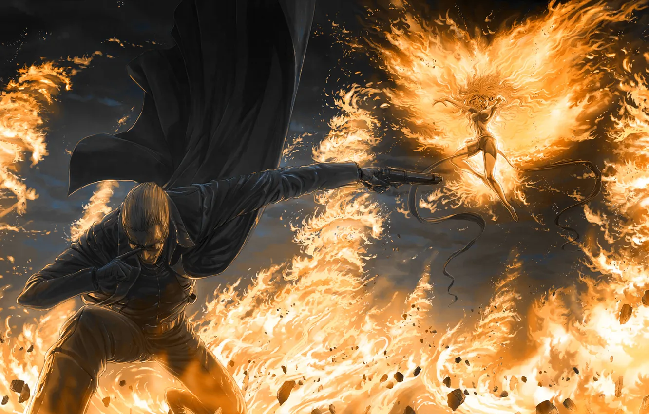 Photo wallpaper girl, lights, art, glasses, guy, cloak, Phoenix, Marvel vs. Capcom 3: Fate of Two Worlds