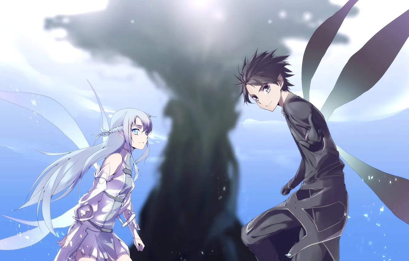 Photo wallpaper girl, tree, wings, anime, art, guy, sword art online, yuuki asuna