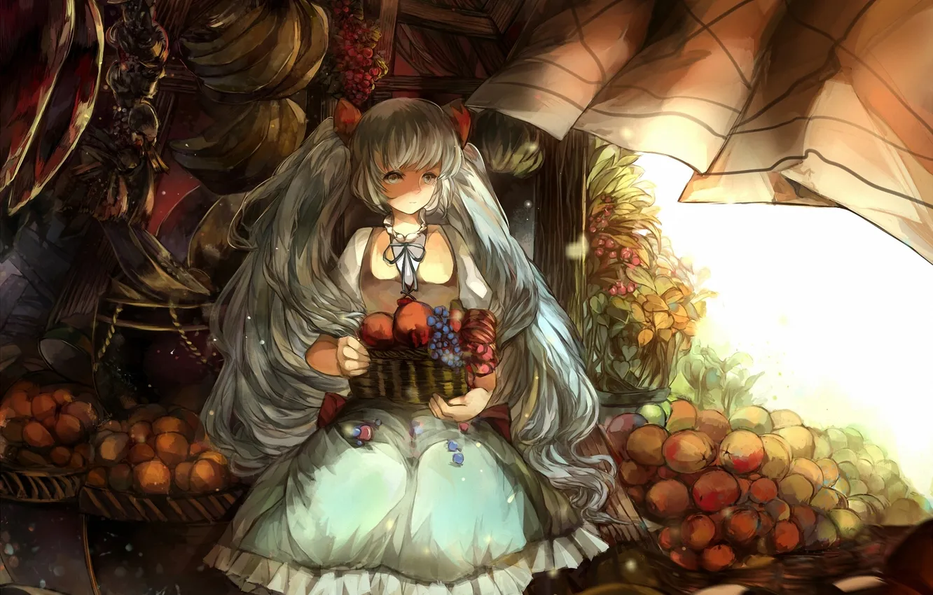 Photo wallpaper girl, basket, art, shop, fruit, vocaloid, hatsune miku, Vocaloid