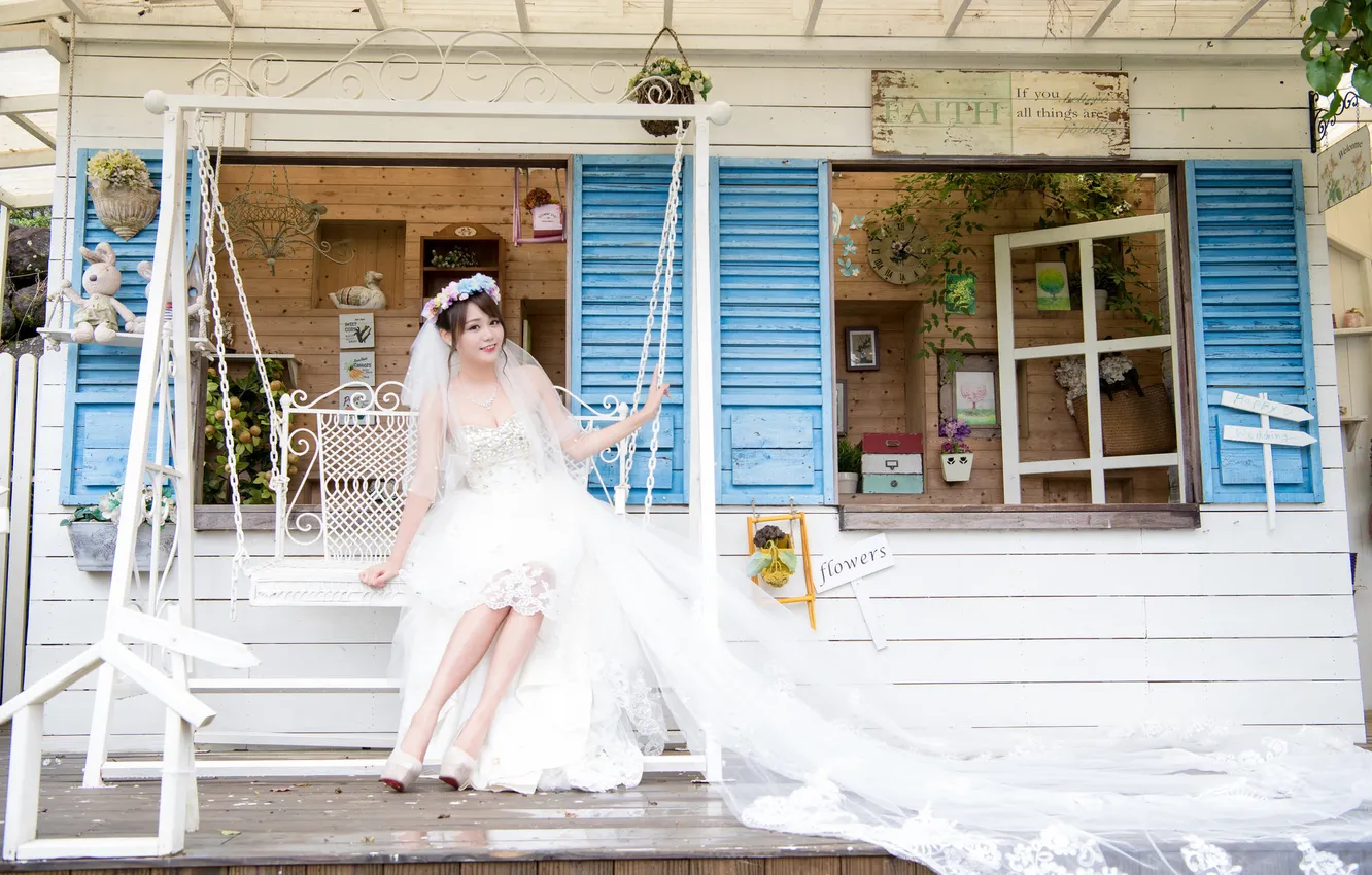 Photo wallpaper girl, swing, dress, the bride