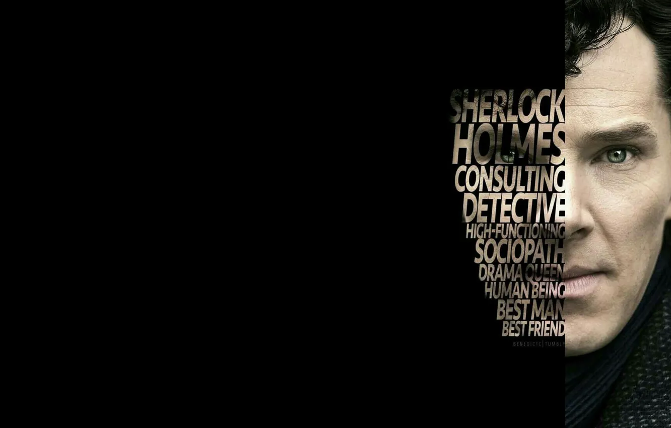 Photo wallpaper look, letters, Sherlock Holmes, black background, Benedict Cumberbatch, Benedict Cumberbatch, Sherlock BBC, Sherlock Holmes