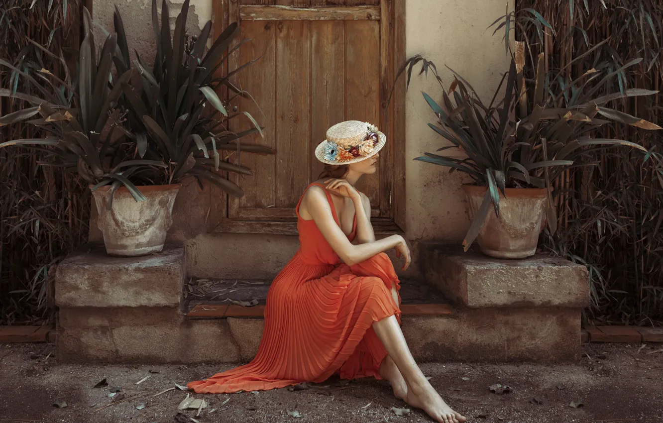Photo wallpaper girl, style, background, hat, dress