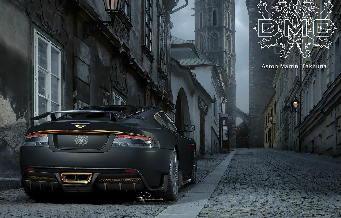 Photo wallpaper the inscription, Aston Martin, street, tuning, DBS, pavers, supercar, coat of arms