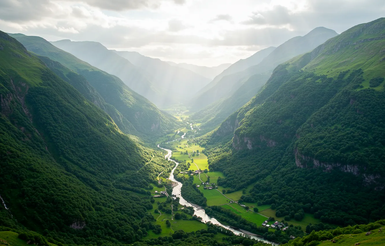Photo wallpaper the sky, clouds, mountains, Wallpaper, valley, haze, wallpaper, sky
