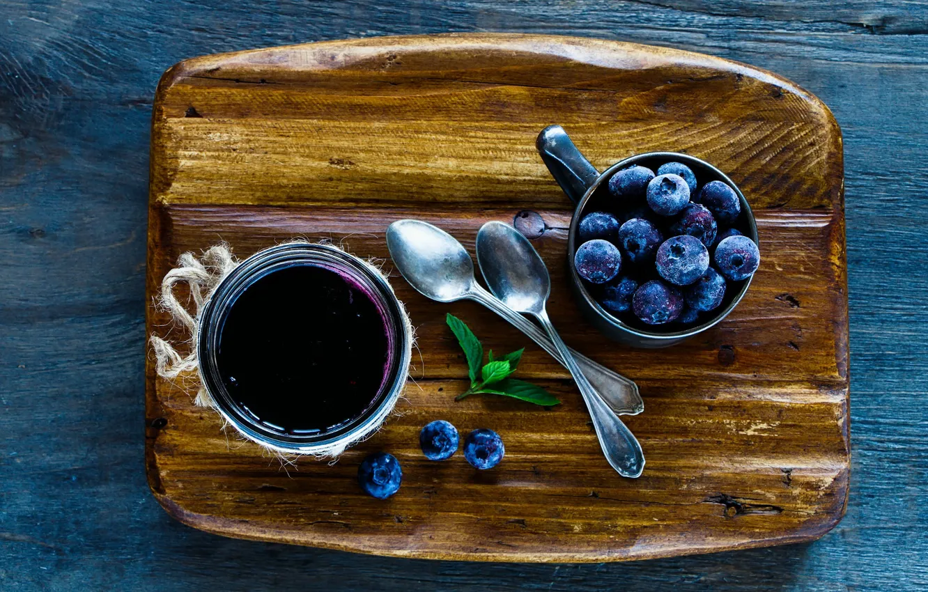 Photo wallpaper berries, background, Board, blueberries, spoon, mug, Bank, mint