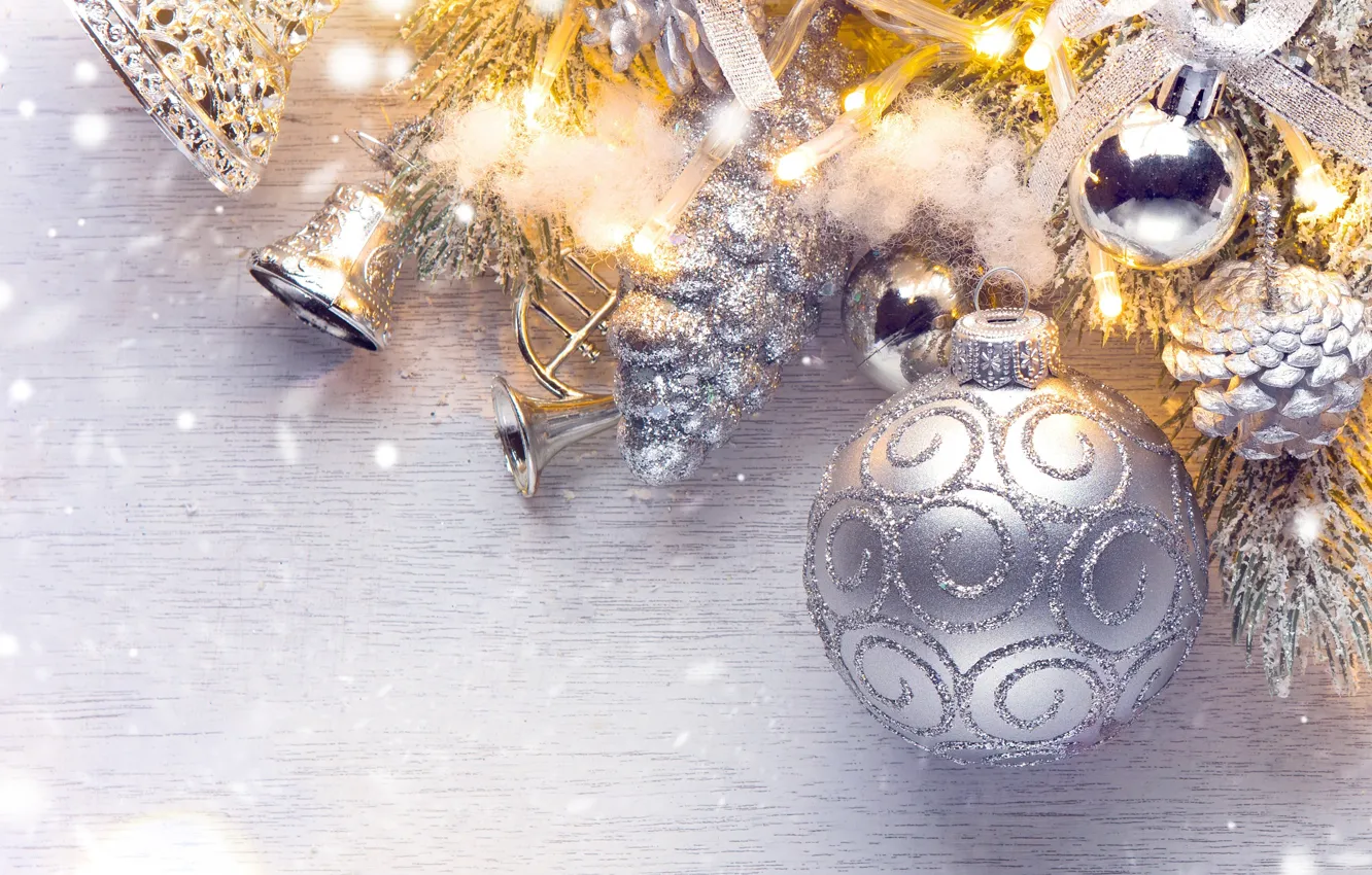 Photo wallpaper holiday, balls, toys, new year, beads, bells, bumps, fir-tree branches