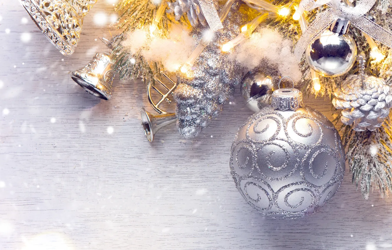 Photo wallpaper holiday, balls, toy, new year, beads, bells, bumps, fir-tree branches