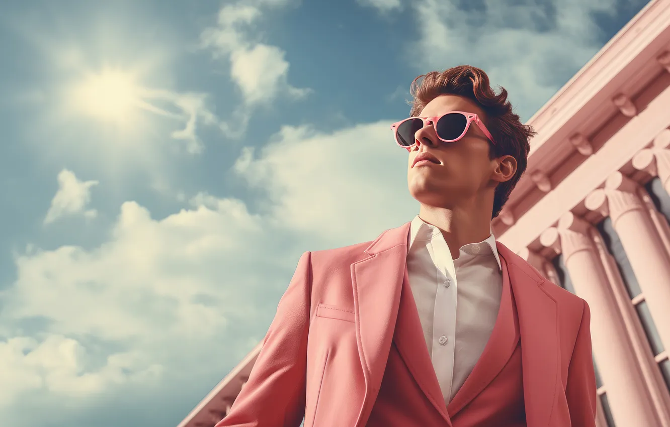 Photo wallpaper the sky, the sun, clouds, rays, light, model, building, hairstyle