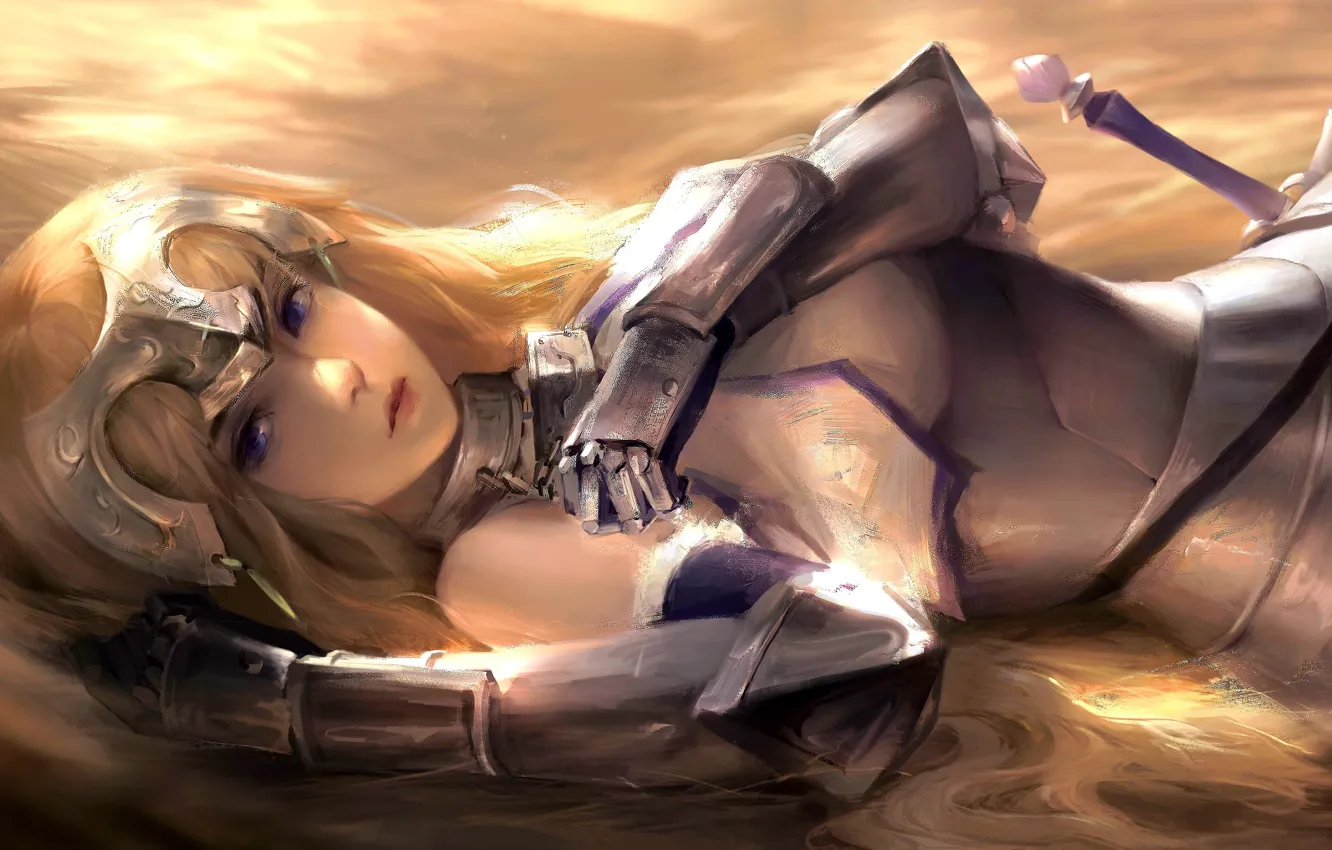 Photo wallpaper girl, fantasy, armor, anime, purple eyes, lips, face, blonde