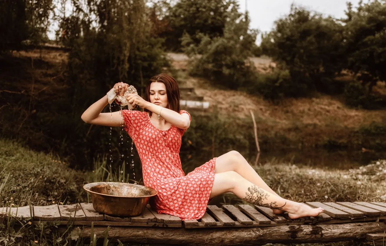 Photo wallpaper girl, nature, feet, model, tattoo, Vitaliy Shevchenko, Laundry day