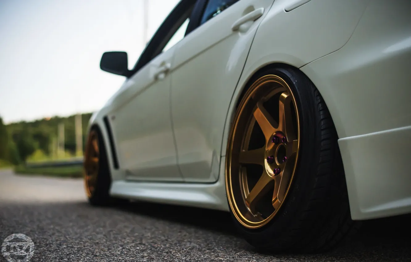 Photo wallpaper road, light, Mitsubishi, Lancer, gold, Evolution, evo x