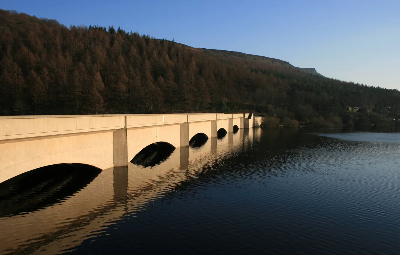 Photo wallpaper bridge, reflection, river, stones, geometry