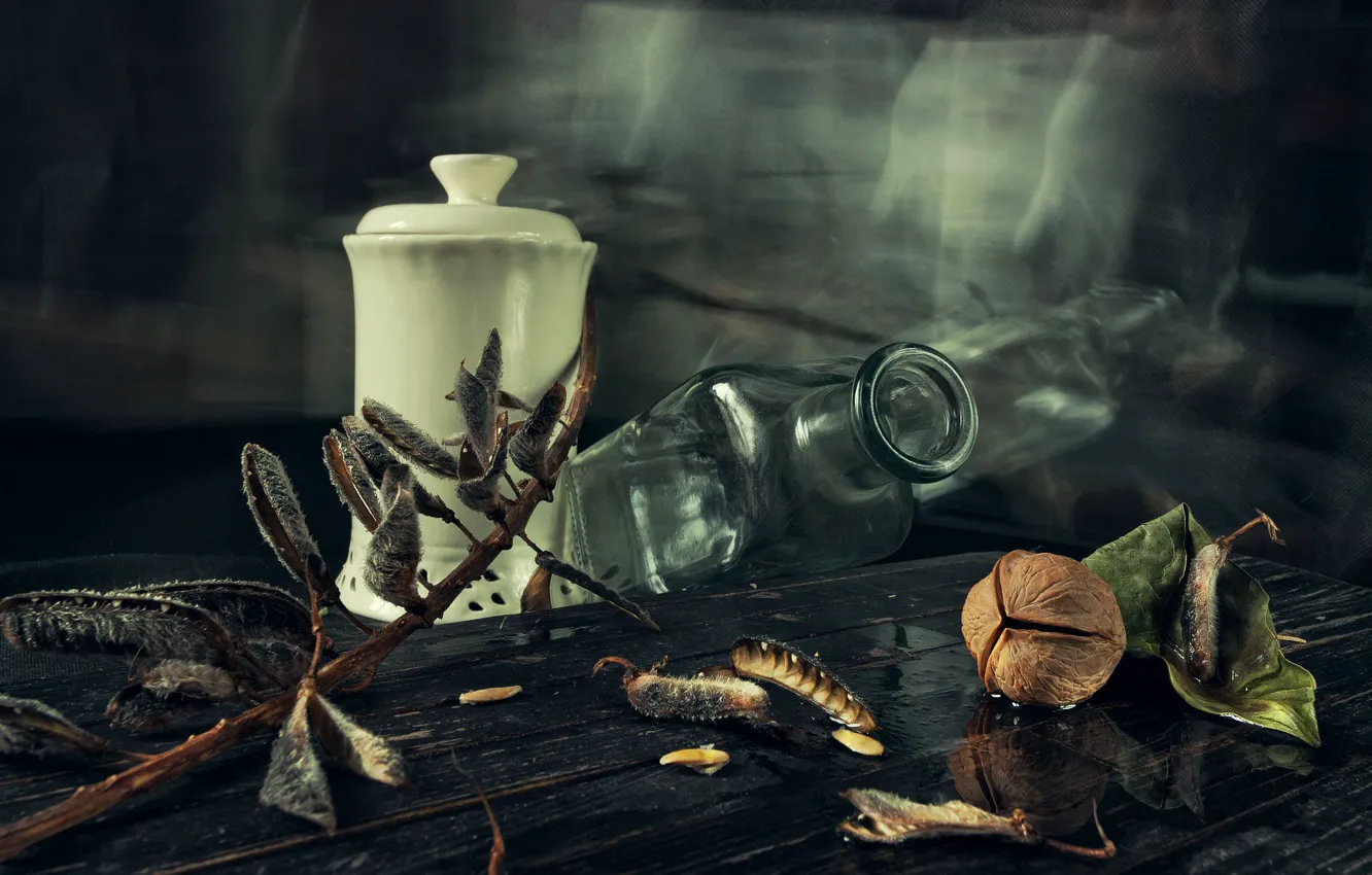Photo wallpaper bottle, Bank, nuts, still life, pods
