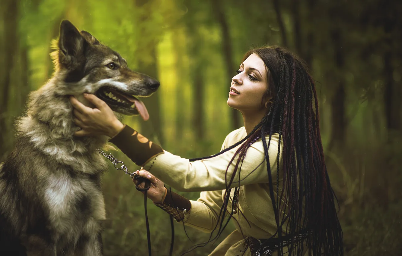 Photo wallpaper forest, language, girl, style, wolf, makeup, brunette, fantasy