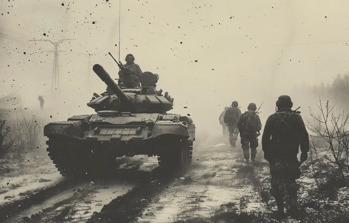 Photo wallpaper retro, dirt, soldiers, tank, black and white, digital art, AI art, The Art of Artificial …