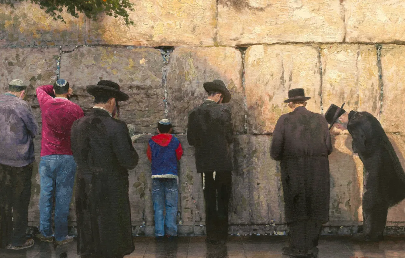 Photo wallpaper wall, hat, men, painting, Thomas Kinkade, impressionism, Religious, The Wailing Wall Jerusalem