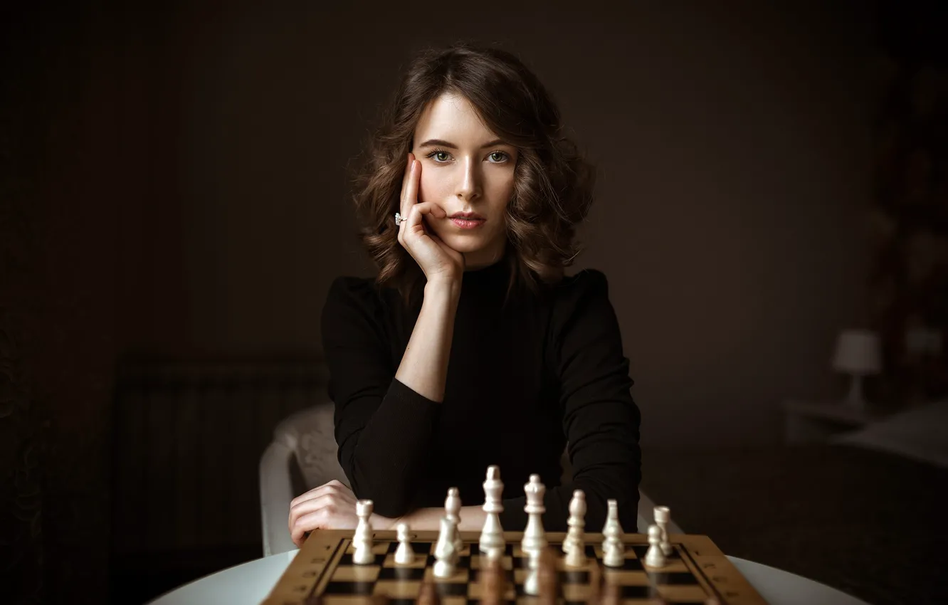 Photo wallpaper look, pose, background, model, portrait, makeup, chess, hairstyle