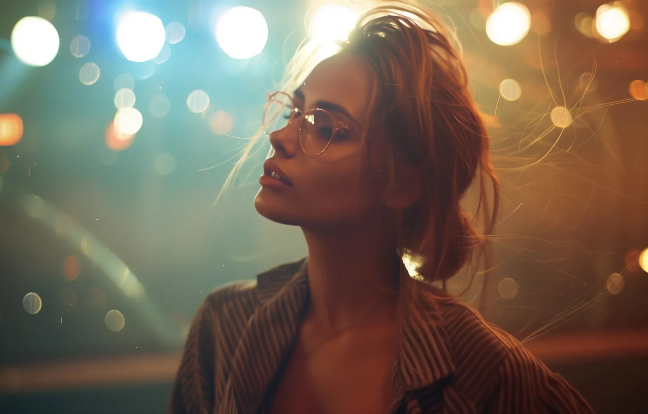 Photo wallpaper women, glasses, backlighting, AI Art