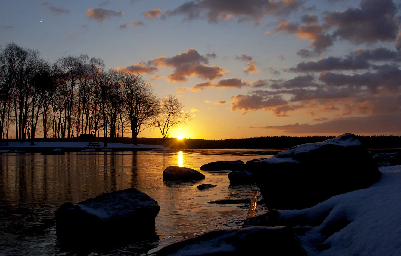 Photo wallpaper ice, winter, the sun, snow, trees, lake, stones, dawn