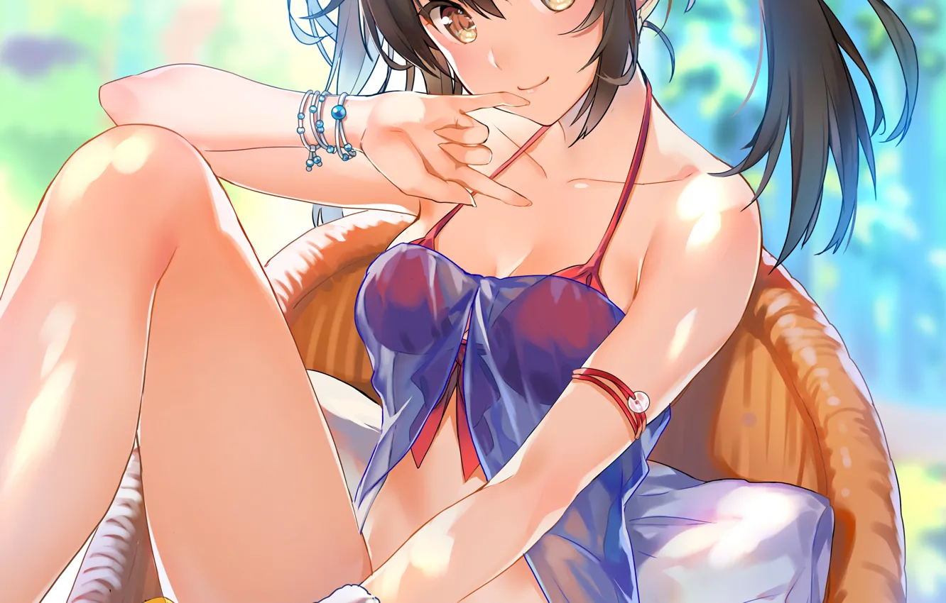 Photo wallpaper girl, sexy, long hair, boobs, anime, beautiful, pretty, brunette