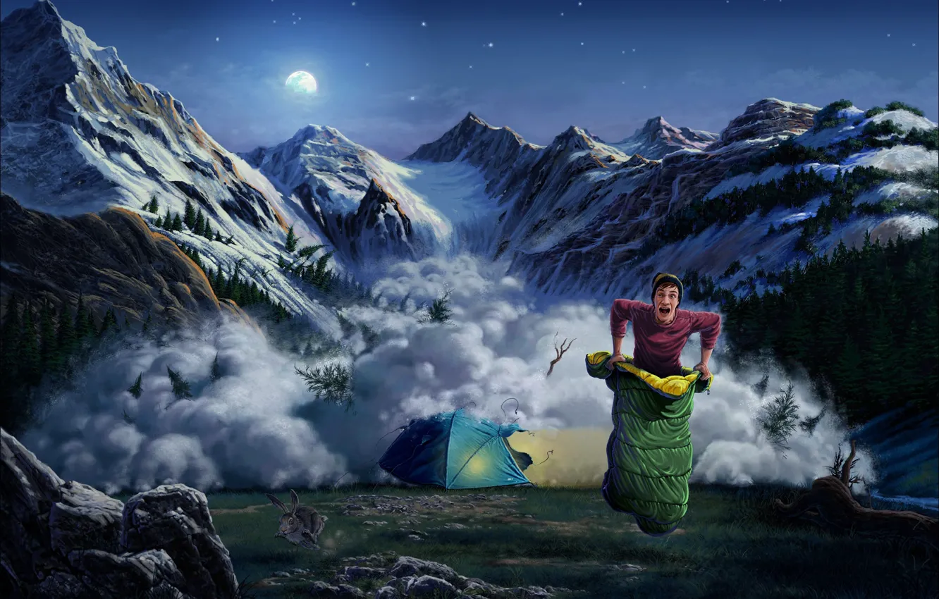 Photo wallpaper mountains, hare, art, tent, guy, avalanche, sleeping bag