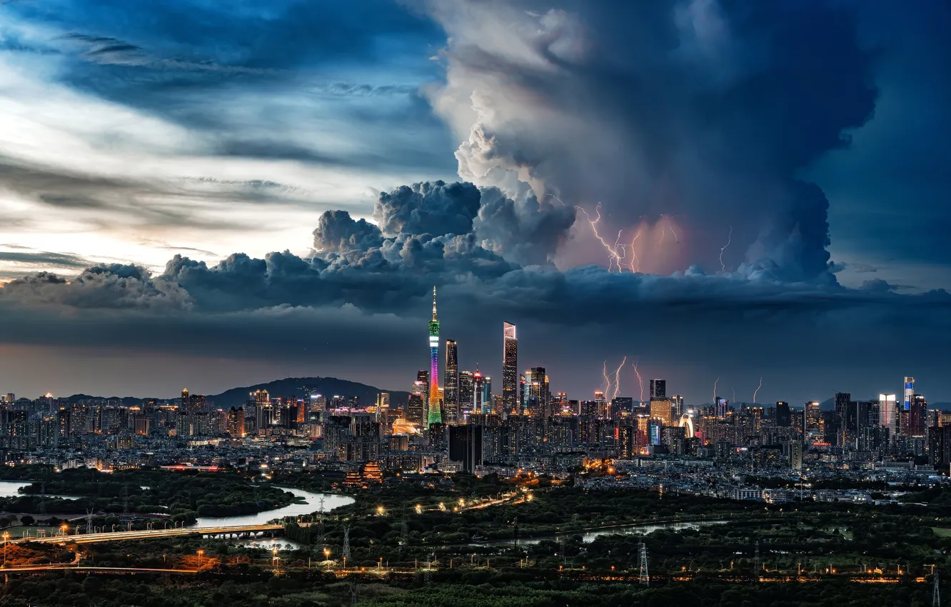 Photo wallpaper city, lights, storm, night, Asia, Lightnings, Storm Cloud, skyscapers