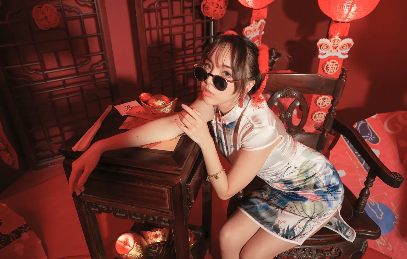 Photo wallpaper look, dress, glasses, Asian