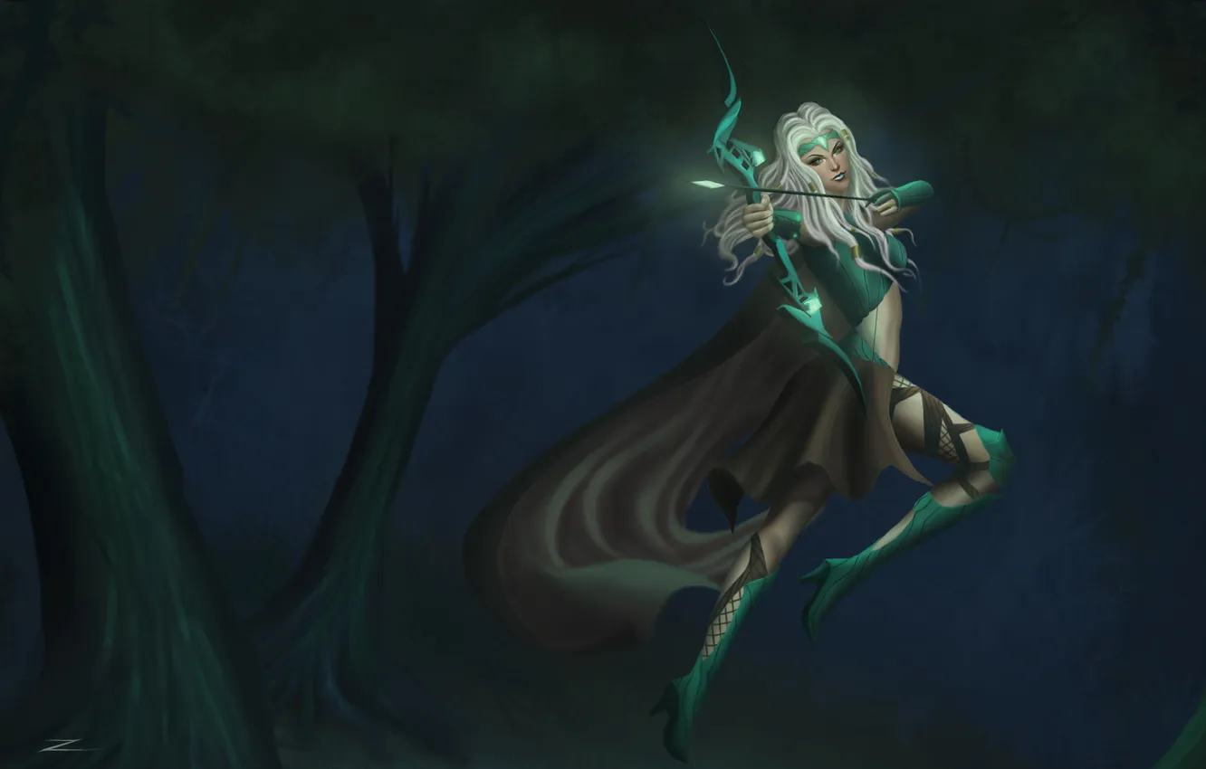 Photo wallpaper forest, girl, weapons, jump, bow, art, League of Legends, Ashe