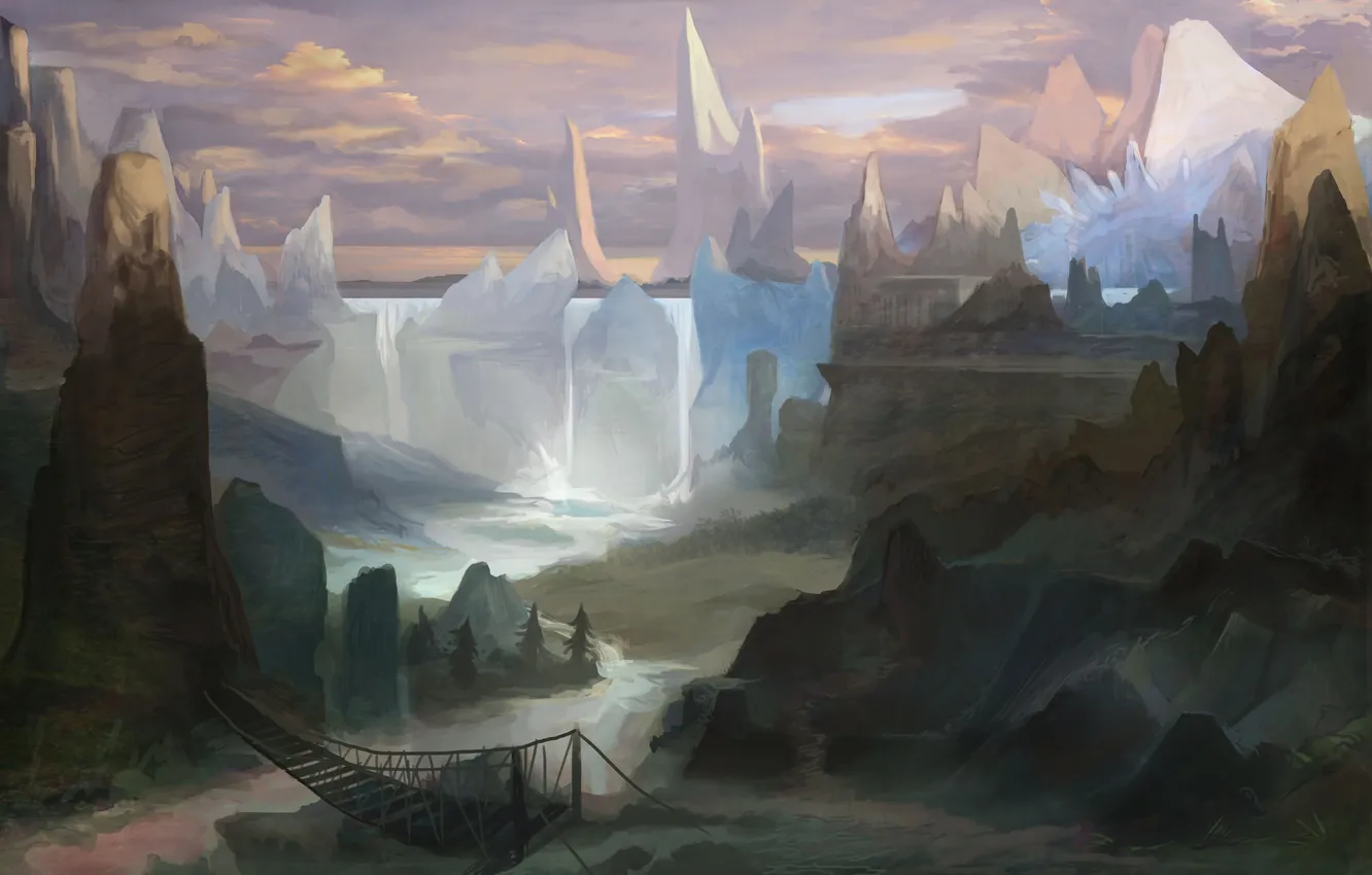 Photo wallpaper trees, mountains, bridge, river, waterfall, spruce, art