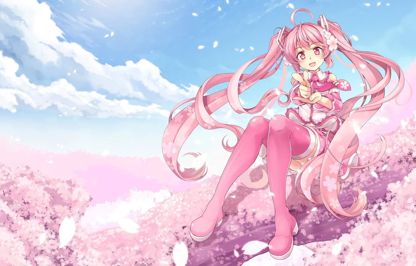 Photo wallpaper the sky, girl, clouds, tree, petals, Sakura, art, vocaloid