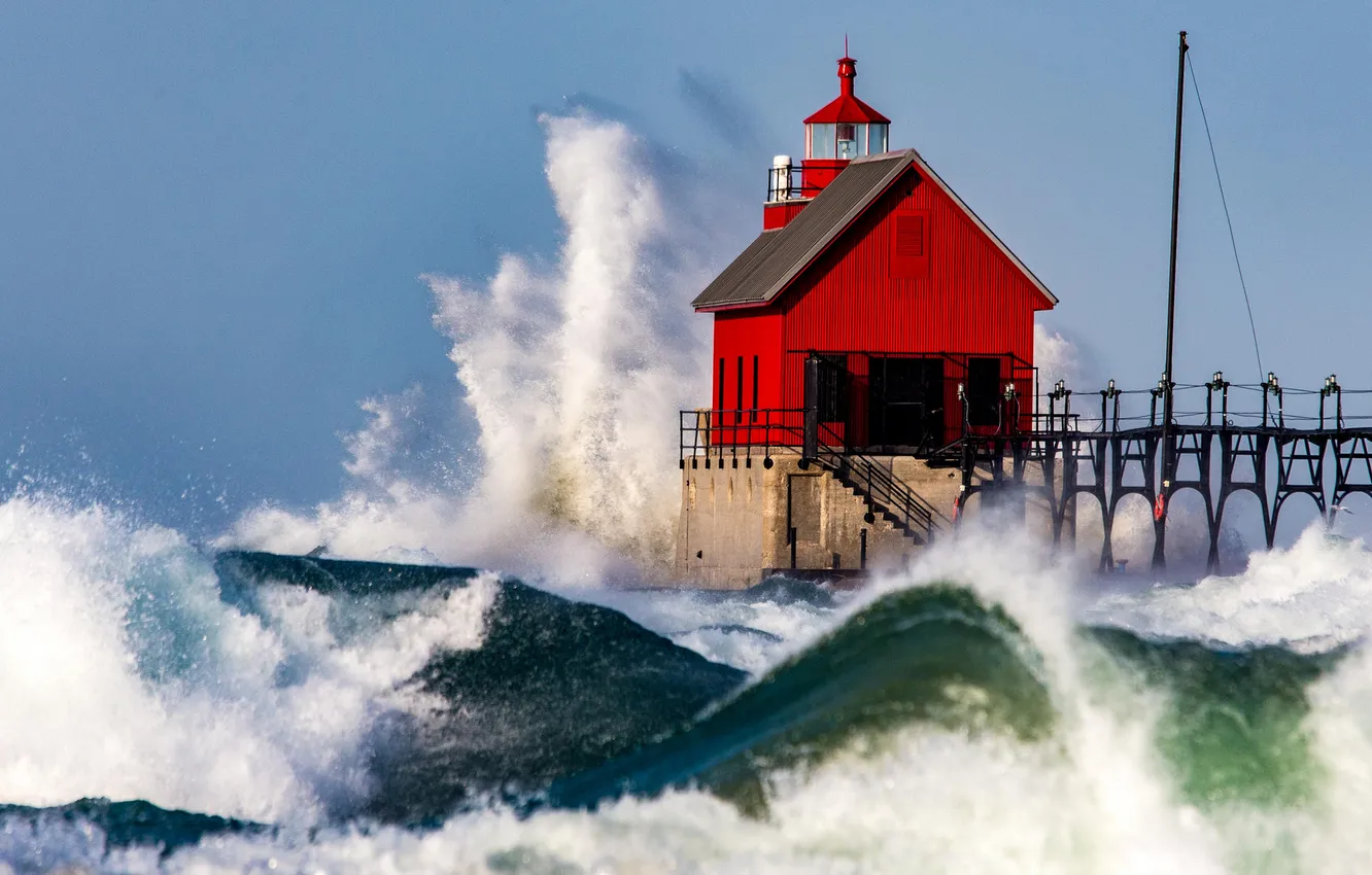 Photo wallpaper wave, squirt, storm, house, lighthouse, pierce, USA, lake Michigan