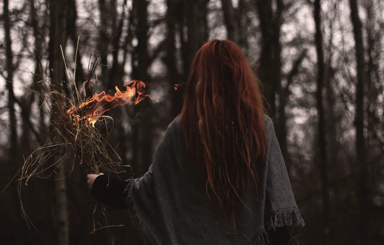 Photo wallpaper grass, girl, fire, red, long hair, dry, burns