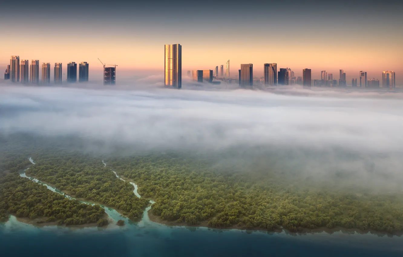 Photo wallpaper light, the city, fog, building, morning, Kuwait