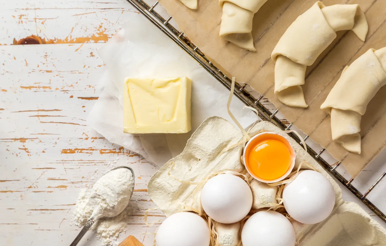 Photo wallpaper table, oil, eggs, milk, cakes, background, flour, baking