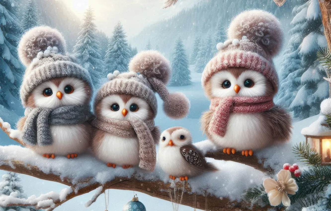 Photo wallpaper winter, forest, balls, snow, branches, owl, bird, new year