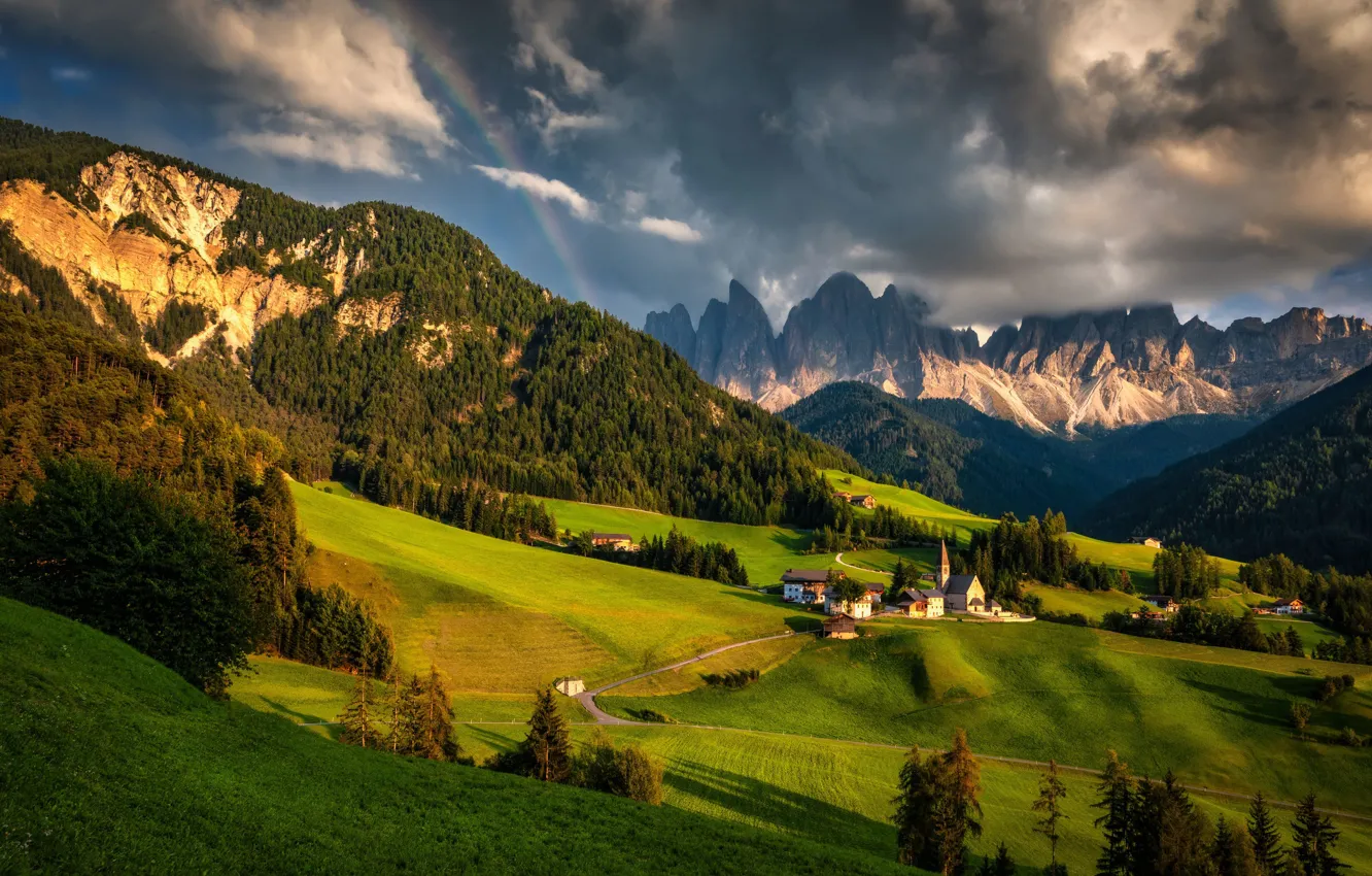 Photo wallpaper landscape, mountains, clouds, nature, rainbow, valley, village, Italy