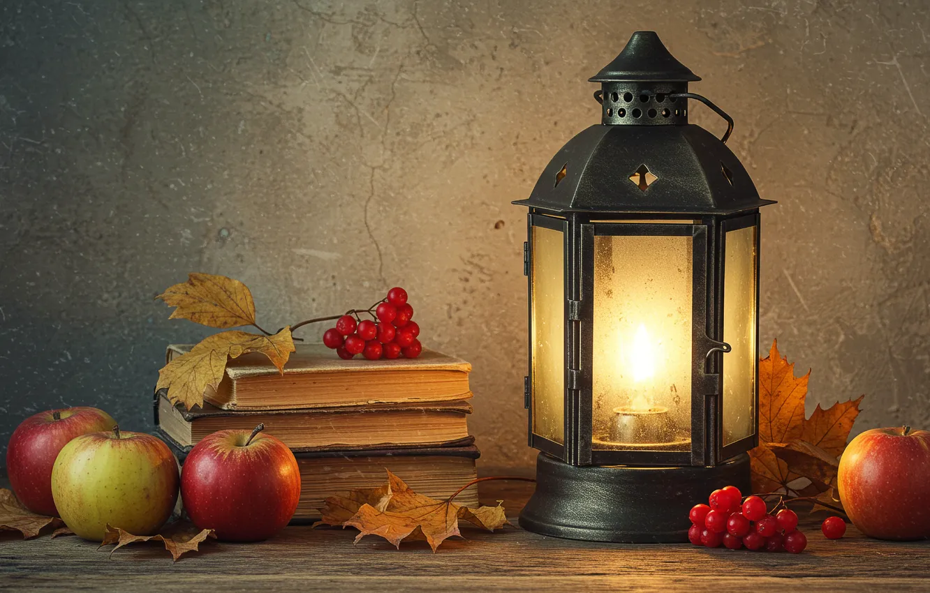 Photo wallpaper apples, lamp, art, composition, books