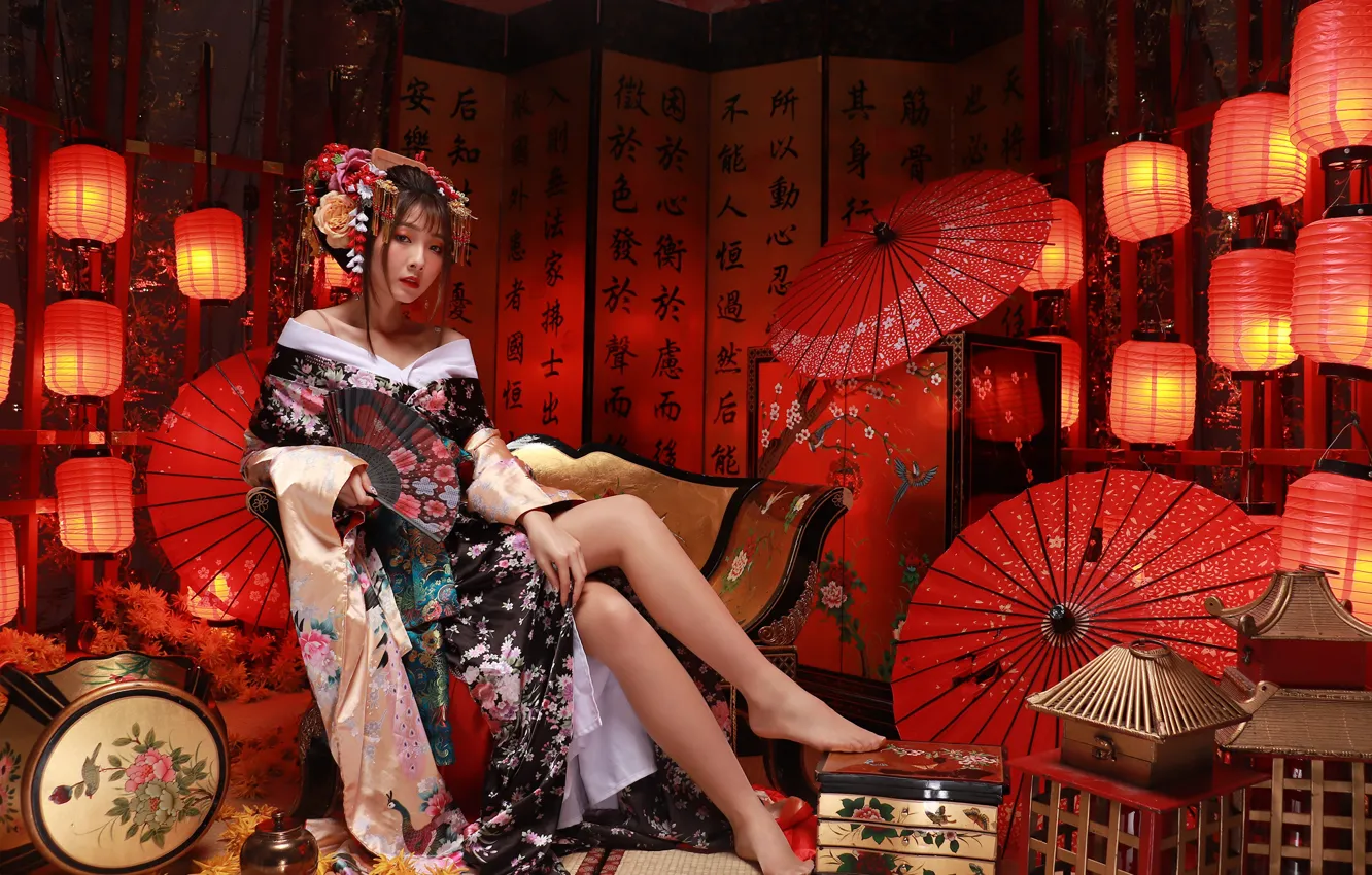 Photo wallpaper look, pose, model, portrait, interior, umbrella, makeup, dress