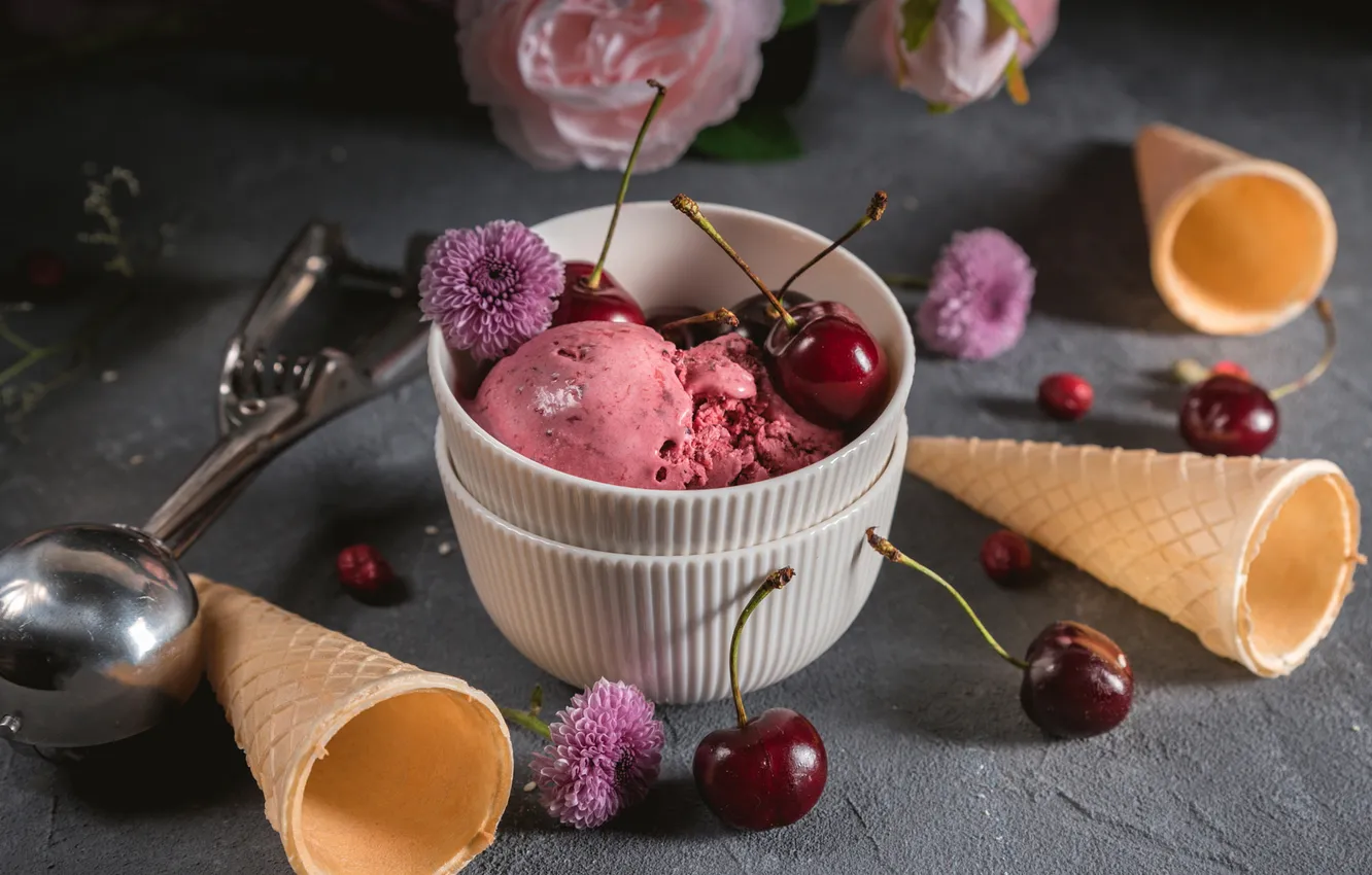 Photo wallpaper ice cream, bowl, waffle cones