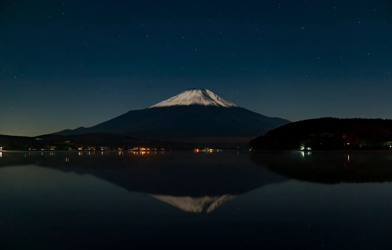 Photo wallpaper the sky, stars, mountains, reflection, the volcano